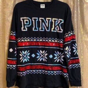Victoria’s Secret PINK holiday sequin bling long sleeve campus shirt, size S